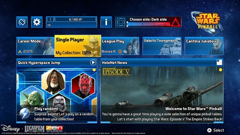 Star Wars Pinball: GUI Screenshot